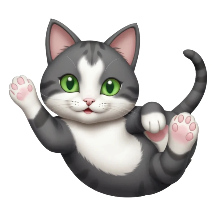 beautiful female solid dark grey cat with green eyes, white toes/paws and white patch on her chest playfully rolling upside down sticker