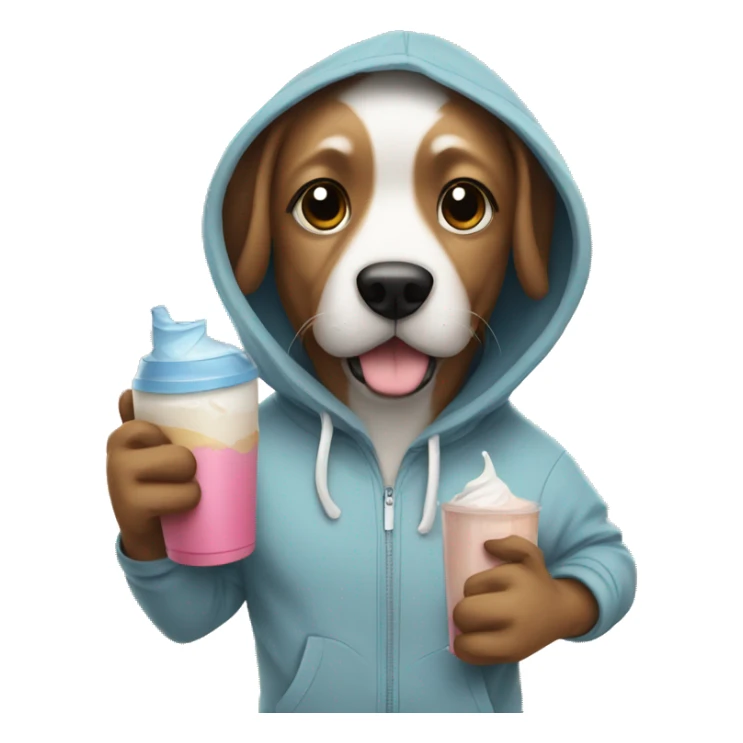 Dog wearing a hoodie with a protein shake sticker