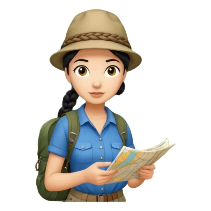 A braid black hair backpacking woman checking her map with curious eyes while walking in the woods with camping hat full body sticker