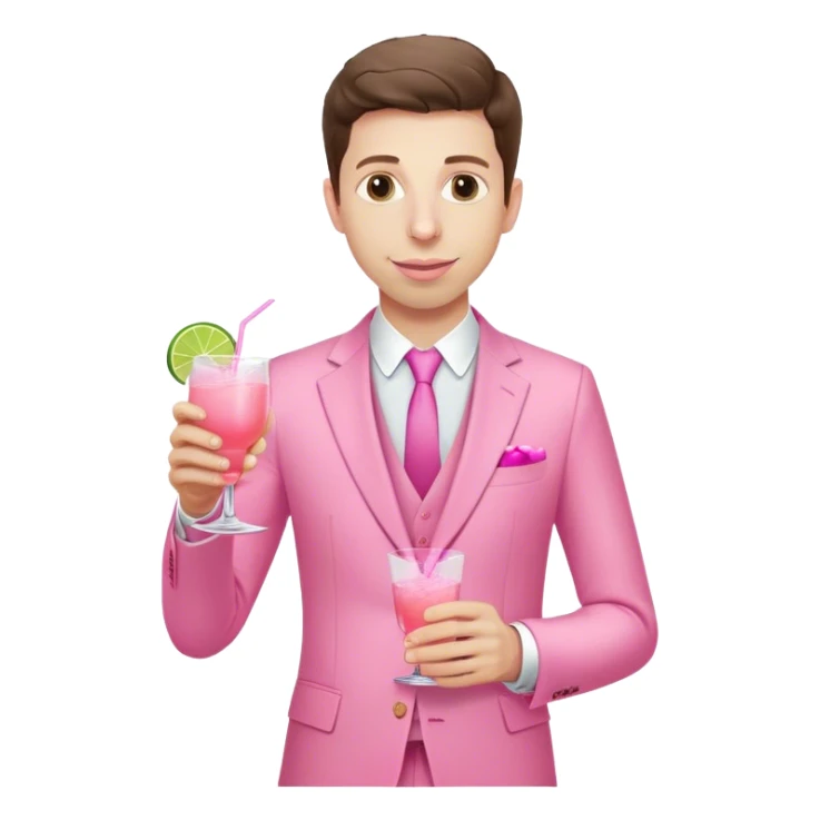 Sam Altman, dressed in an all-pink suit, with one hand holding a pink tequila drink.  sticker
