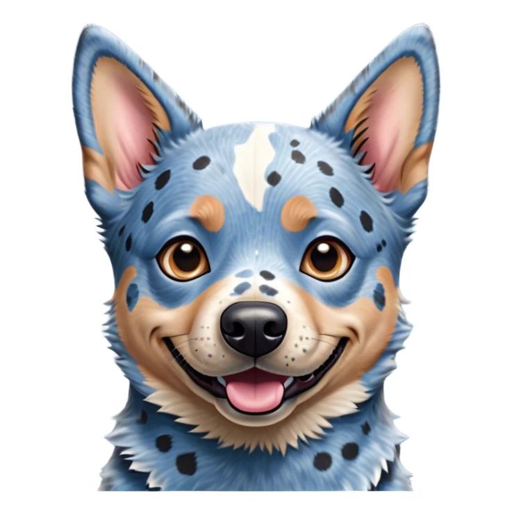 Cinematic Comical Blue Speckle Australian Cattle Dog Portrait Emoji, Head tilted dramatically with an exaggeratedly amused expression, featuring a striking blue speckle Fur with bold patterns, wide, expressive blue eyes filled with playful disbelief, Simplified yet hilariously expressive features, highly detailed, glowing with a slightly sassy glow, high shine, dramatic yet playful, stylized with an air of cheeky charm, bright and endearing, soft glowing outline, capturing the essence of a spirited and over-the-top herder, so meme-worthy it feels like it could side-eye its way into internet fame instantly! sticker