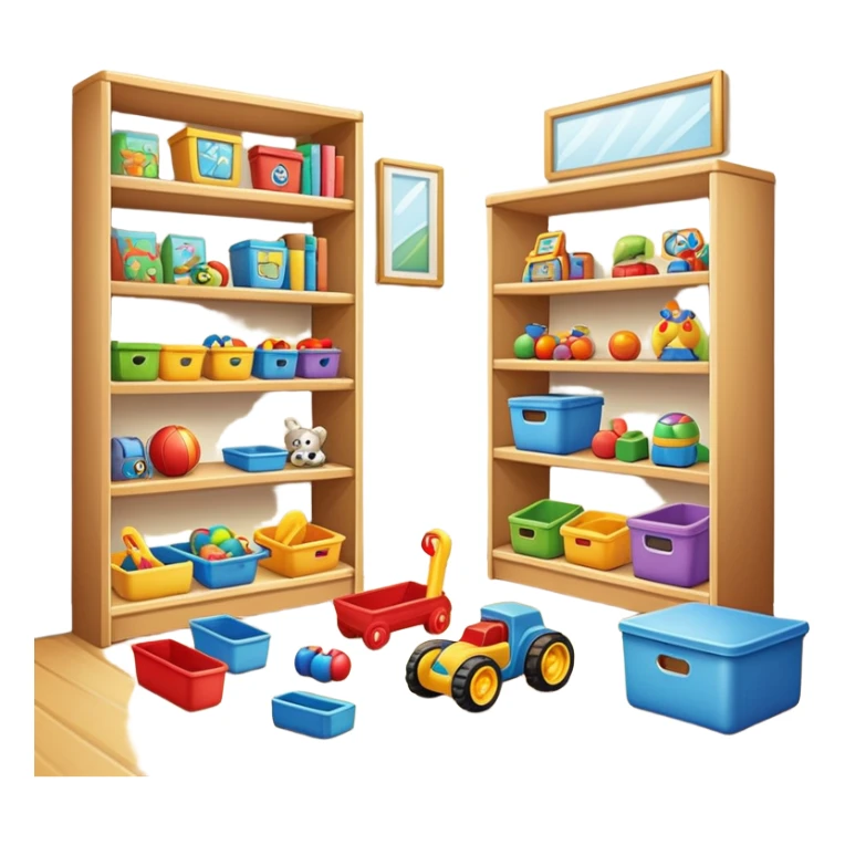 tidy room with toys neatly arranged on shelves, clear and inviting sticker