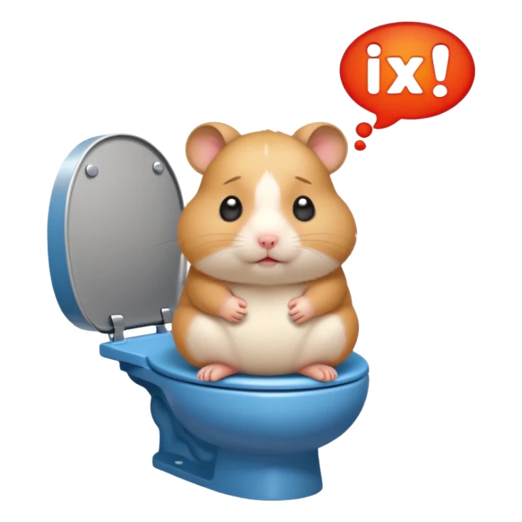Cute chubby cartoon-style hamster sitting on toilet pooping looking guilty with thought bubble thinking about chilli  sticker