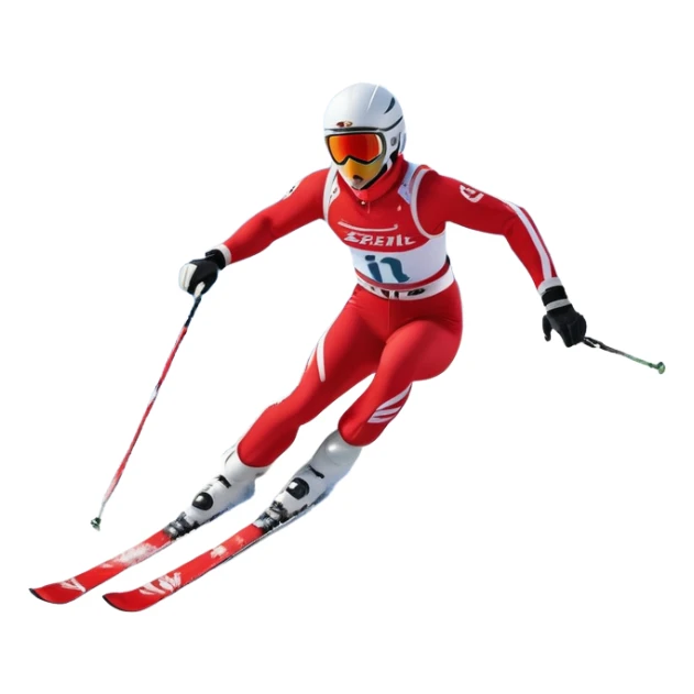 An icon featuring a skier racing down a snow-covered slope, surrounded by snowy peaks, pine trees, and a picturesque mountain landscape. The sky is blue with soft clouds, capturing the thrill and beauty of alpine skiing. Transparent background  sticker