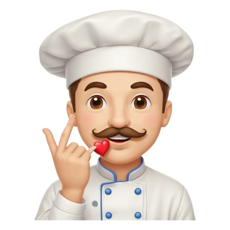 Mustachioed chef with smiling eyes and puckered lips giving his pinched fingers a kiss with a heart emoji sticker