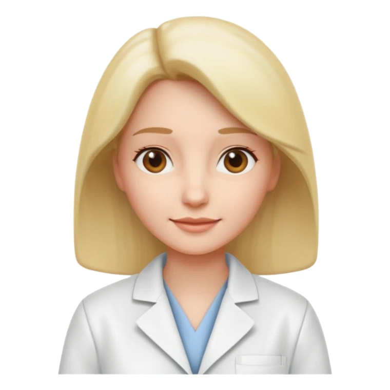 Mostre uma mulher vestida de jaleco branco, expressão leve e detalhamento suave típico de emojis modernos. A cena deve ter um visual limpo, com sombras sutis e contornos suaves, mantendo o estilo cartoon 3D usado em emojis do iOS. Mantendo coerência com o estilo emoji.” sticker