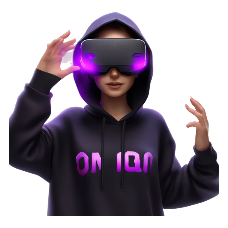 Russian girl wearing black hoody with violet letters "OMG", in vr headset oculus quest2. Standing like jedi. Cyberpunk style. Violet neon. sticker