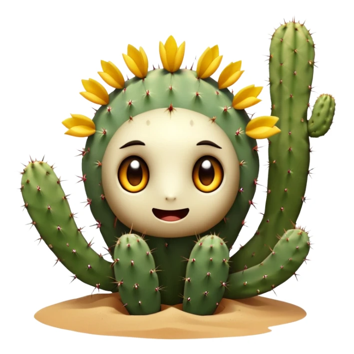 A desert-dwelling plant hybrid creature with cactus spines, eyes, blooming flower petals that change color with the temperature, and the ability to burrow underground with root-like limbs during sandstorms. sticker