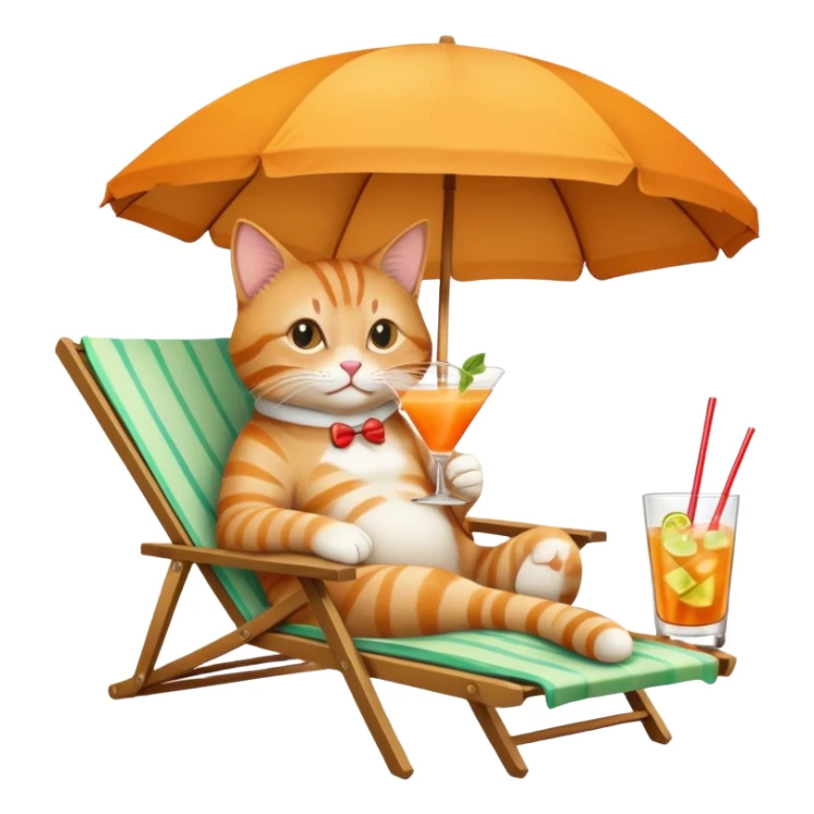 Cat relaxing on a beach chair, sipping a mai tai cocktail with umbrella sticker