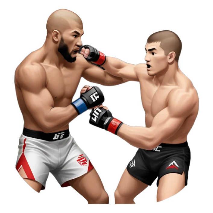 wo MMA fighters in the octagon, one delivering a strong punch while the other defends with a guard. The background shows the UFC octagon with the crowd in the distance. Transparent background emphasizes the dynamic intensity and skill of mixed martial arts. sticker