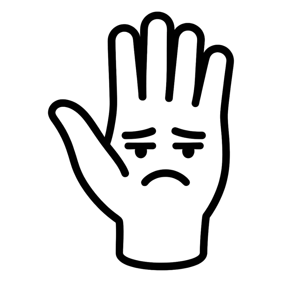 modern and clear line art emoji of a hand with back facing forward and fingers slightly open, with a slightly sarcastic facial expression, symbolizing 'nah' sticker
