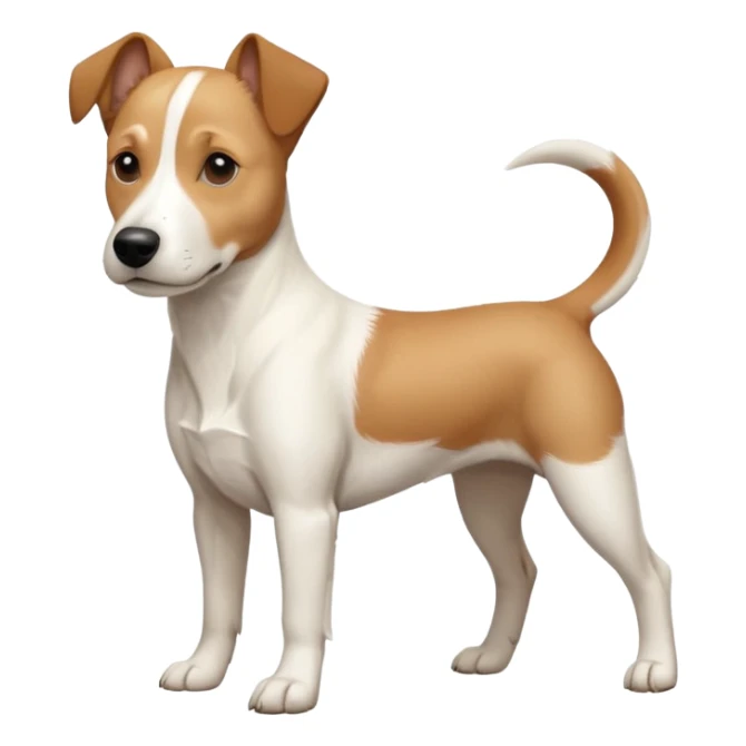 a full body facing front on of a buff white beagle cross jack russell terrier looking dog the size of a kelpie with light brown long ears resting on its face and a light brown patch above one eye and a large snout. the rest of the dog is completely white.  sticker