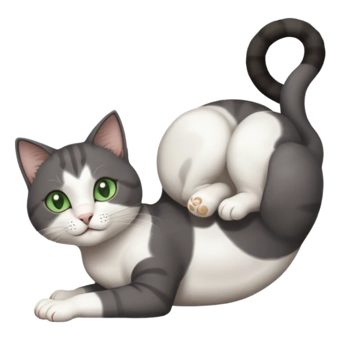 beautiful female solid dark grey cat with green eyes, white toes/paws and white patch on her chest playfully rolling upside down sticker