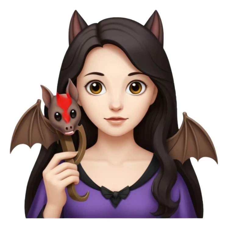 woman with long dark hair holding a horsehoe bat sticker