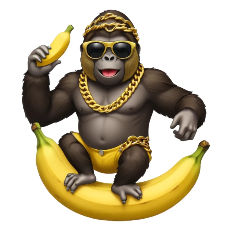A realistic gorilla with cool shades and a gold chain riding a banana  sticker