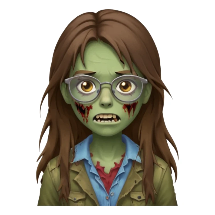 Girl zombie with brown long hair with teeth and serious face IOS style with glasses sticker
