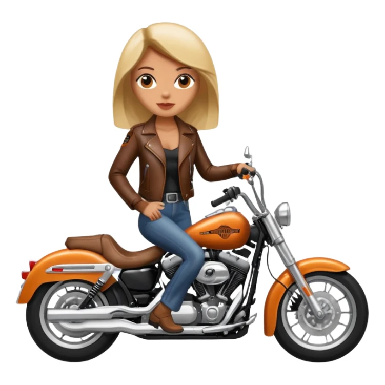 A woman wearing leather riding a Harley Davidson sticker