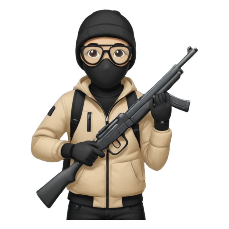 YN wearing a ski mask, holding a gun, all black fit, black jeans, Sprayground bookbag, confident stance with glasses sticker
