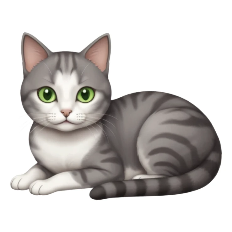 full body tiny short hair dark grey and white cat with white front legs and green  eyes lying down sticker