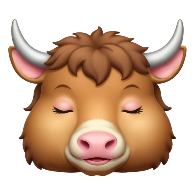 Meme-Worthy Cute Sleeping Domestic Ox Portrait Emoji, Head resting peacefully with a contented smile, showcasing a massive, sturdy build and a luxuriously soft hide, eyes gently closed in serene, restful slumber, Simplified yet hilariously adorable features, highly detailed, glowing with a soft, drowsy natural light, high shine, relaxed and utterly lovable, stylized with an air of playful laziness, soft glowing outline, capturing the essence of a sleeping ox that feels destined to become the next viral sensation of adorable rest! sticker