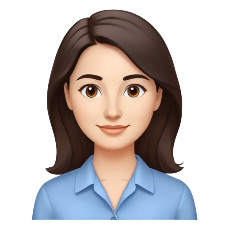 Professional woman in her 30s with light complexion, oval face, gentle features, large dark brown eyes, well-formed medium eyebrows, small nose, warm friendly smile, long slightly wavy dark brown hair with soft volume, wearing a light blue dress shirt sticker