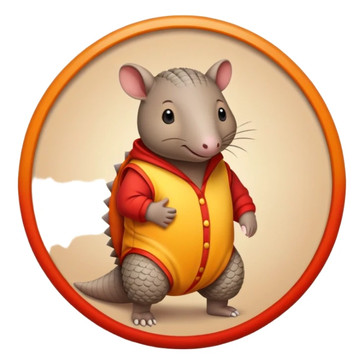 armadillo wearing pajamas with red, orange, and yellow colors inside a circle sticker