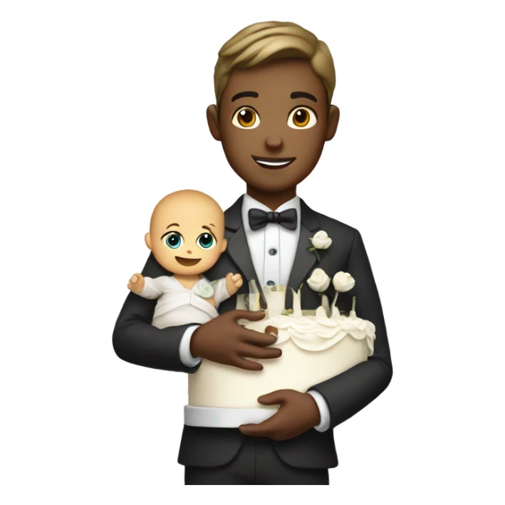 Boy in waiter costume holding a wedding cake and a baby sticker