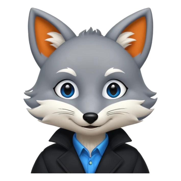 Grey anthropomorphic furry fox with a black coat, blue eyes, and a small fringe of black hair, smiling sticker