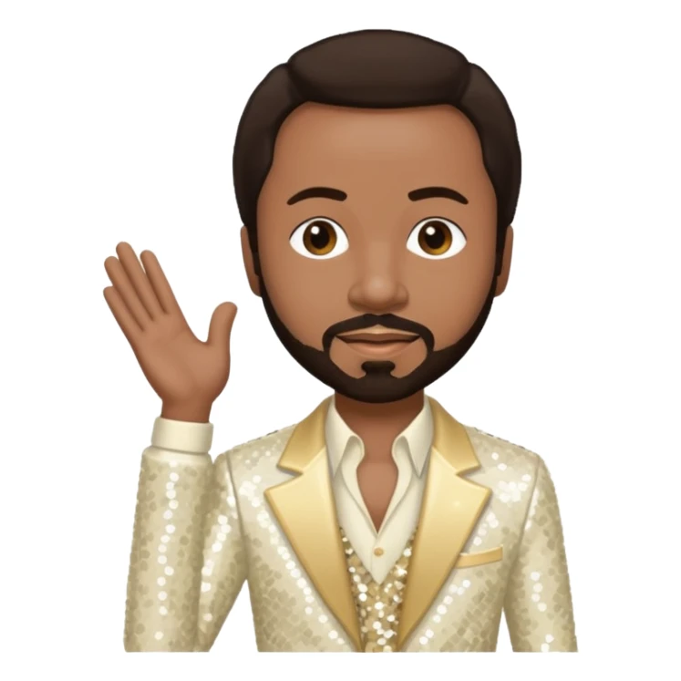 Maurice White from Earth, Wind & Fire with dark brown hair, ivory sequin outfit sticker