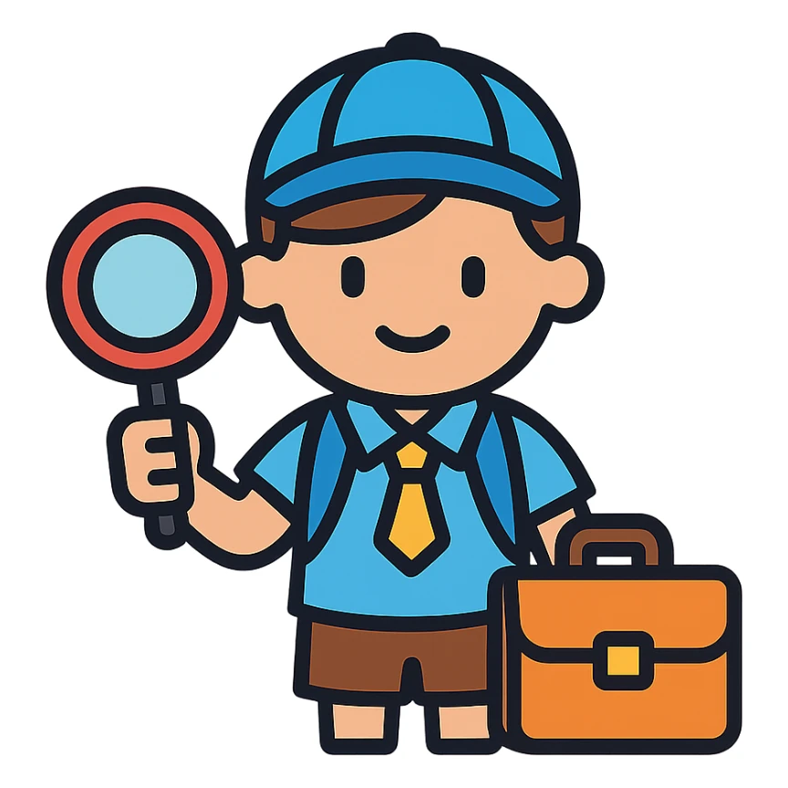 schoolboy with a briefcase and a magnifying glass sticker