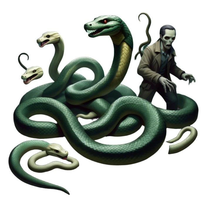 Thriller Movie Icon: A dramatic, close-up collage with sinister villains, a slithering anaconda, and zombie figures emerging from the shadows. Dark and moody atmosphere with eerie lighting, tension-filled elements. Transparent background. sticker