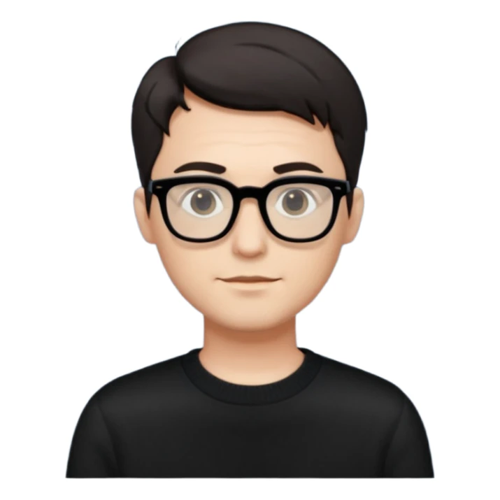 crea un uomo con i capelli corti scuri, occhiali da vista neri rettangolari e un maglione nero sticker