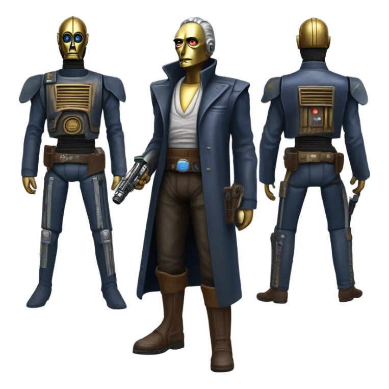 bounty hunter tarnished undercover tough well-equipped Jedi  life-sized darkblue-pearl C3po leather vest clothing pants and vest old west duster coat holding light saber sheriff holstered gun sticker