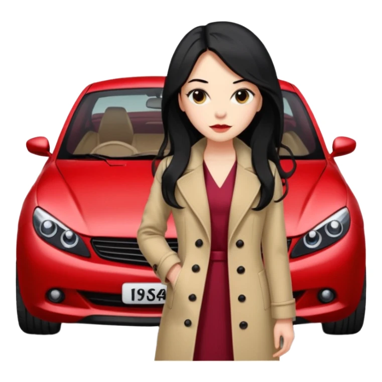 A fast, expensive black car with a young woman beside it The young woman has long black hair, wears a beige formal coat, and underneath is a cherry-colored dress. With expensive blak caaar sticker