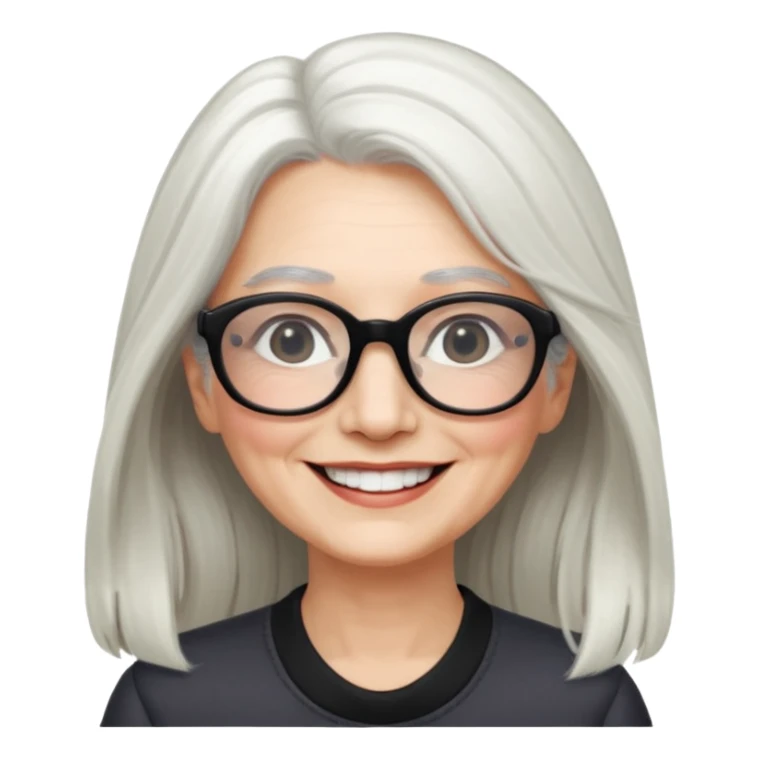 femme 60ans  avec de long cheveux blanc et des lunettes rectangles noir sourrir sticker