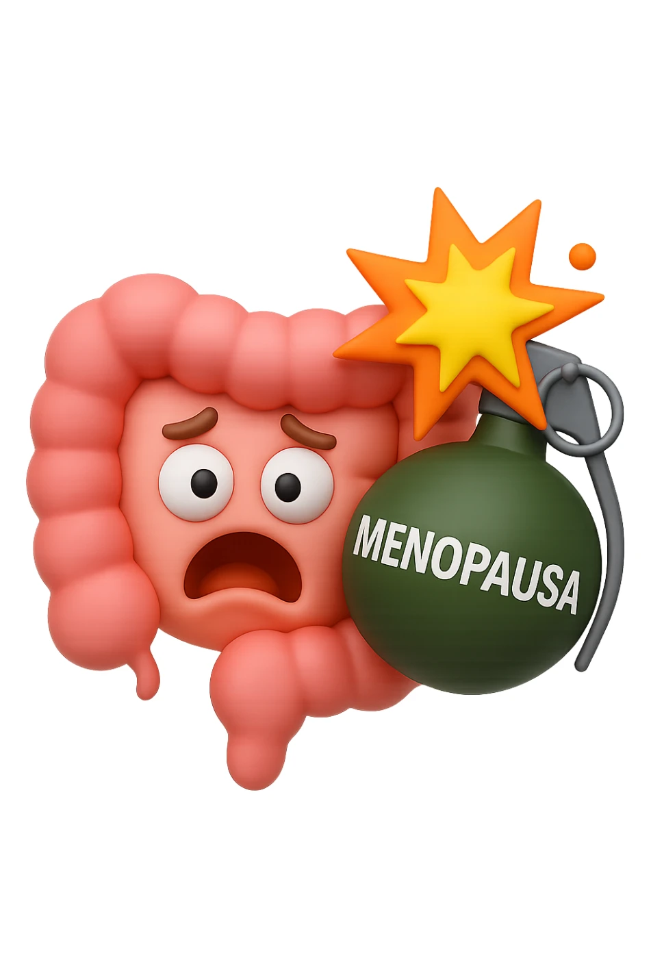 EMOJI STILE IPHONE 3D DI INTESTINO 3D CON ESPRESSIONE SPAVENTATA IN VOLTO MENTRE ACCANTO A LUI SCOPPIA UNA GRANATA 3D CON LA SCRITTA "MENOPAUSA" SOPRA, FAGLI ANCHE LA PARTE BIANCA DEGLI OCCHI, NON SOLO LA PUPILLA sticker