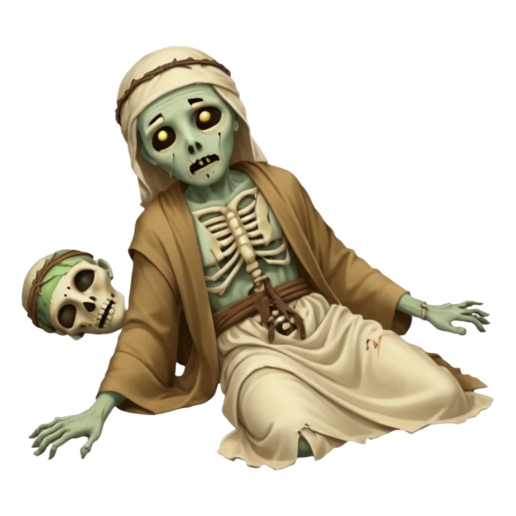 fullbody zombie leper laying on the ground, torn head wrap, exposed bones, simple Jesus-era robes sticker