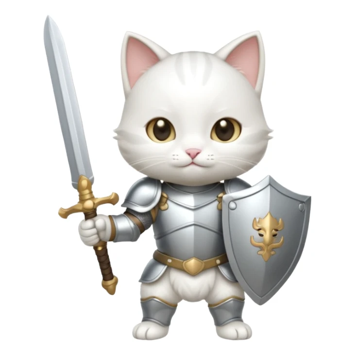 baby chibi white cat in silver armor, full body, smile, hold sword sticker