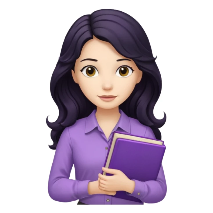 Long Hair Women with purple Book, Black wavy hair, beige shir, without background sticker