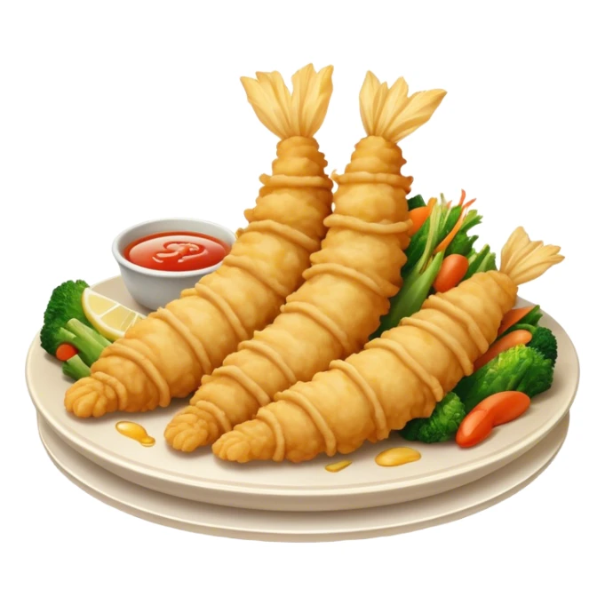 Cinematic Realistic Tempura Dish Emoji, depicted as lightly battered and fried seafood and vegetables rendered with delicate textures and crisp, inviting lighting. sticker