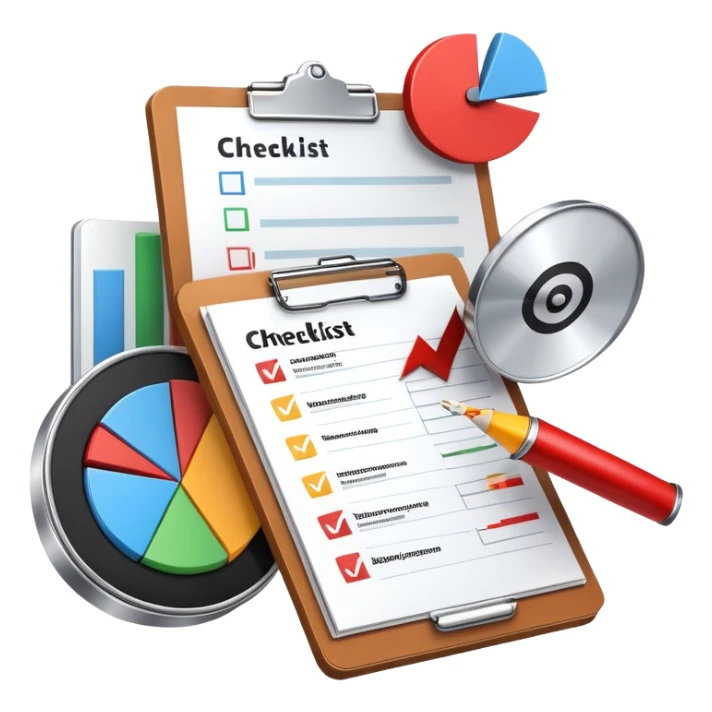 An icon featuring a pie chart, a clipboard with a checklist, and a megaphone, symbolizing management and marketing. The design includes upward-trending graphs and a target with an arrow, representing strategy and success. Transparent background highlights business organization and promotion. sticker