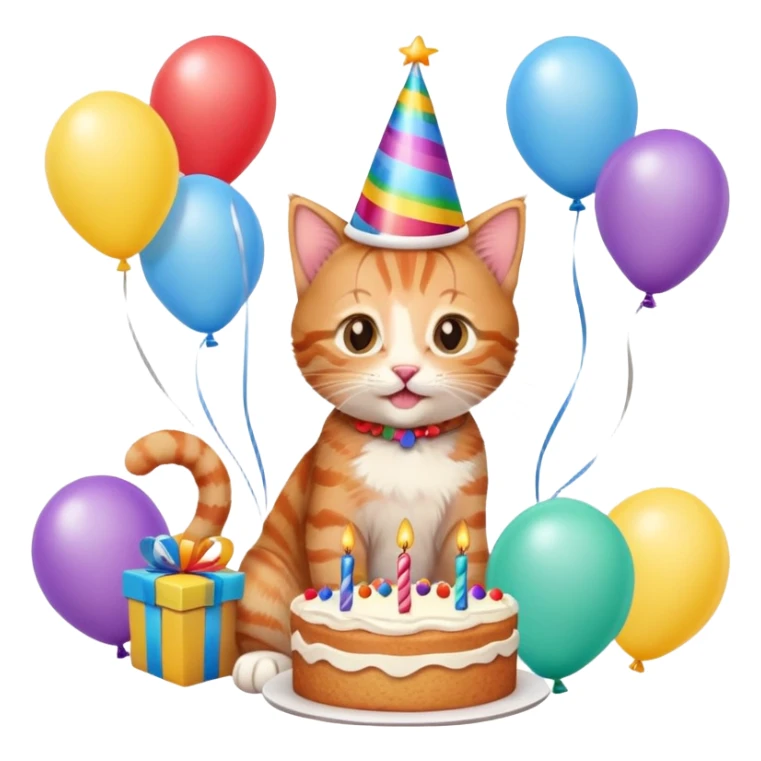 Ginger tabby kitten birthday, birthday hat, birthday cake, balloons, happy, gifts sticker