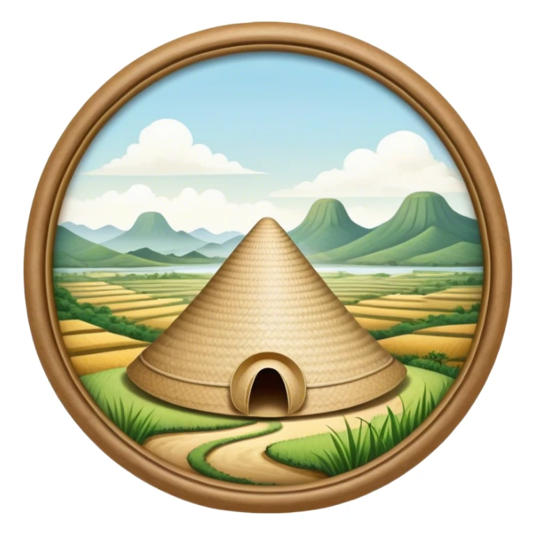 Cinematic Realistic image of an iconic conical hat (Nón Lá), rendered with detailed textures and subtle natural hues, set against a serene rural Vietnamese landscape with gentle, diffused lighting sticker