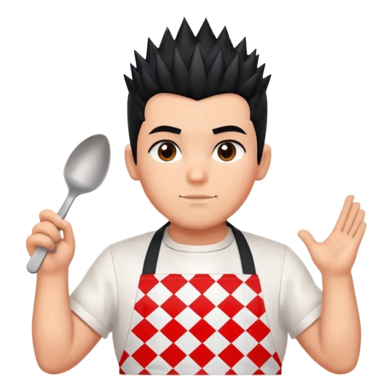 big boy with black spiky hair styled upward, wearing a white apron with red squares pattern sticker