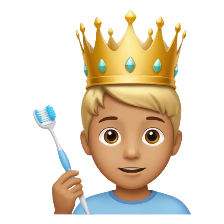 Creat an emoji for child with wearing small crown and flying holding toothbrush sticker