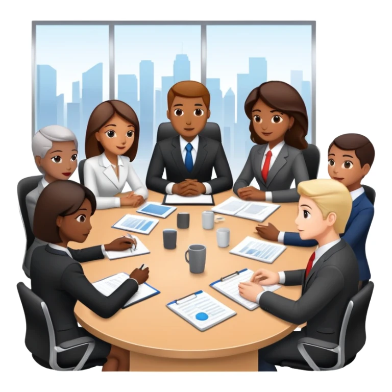 diverse team in business attire discussing at a meeting table sticker