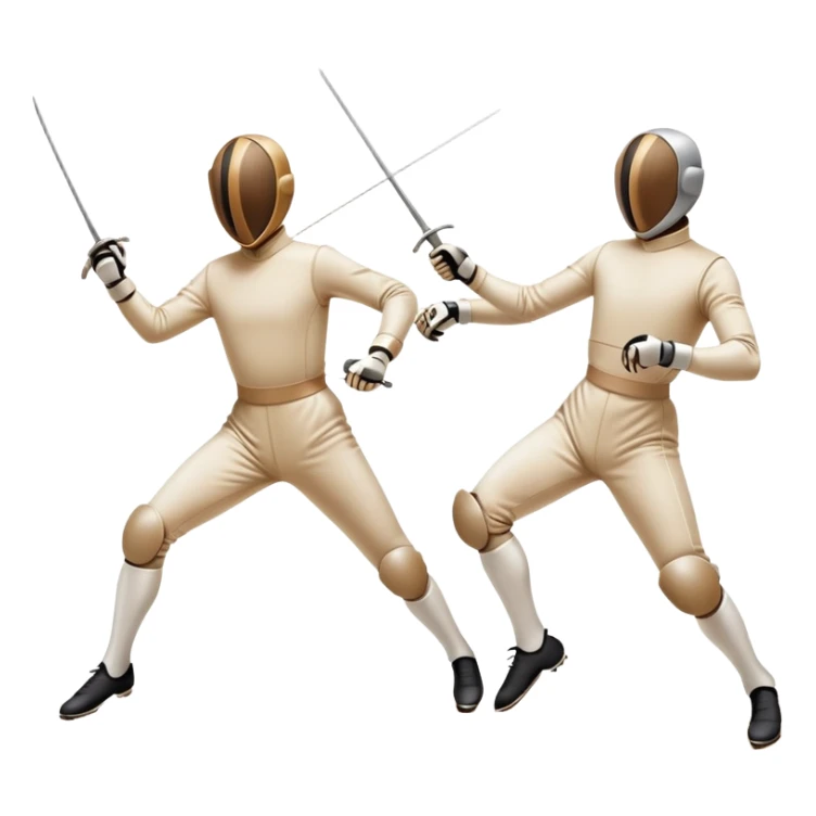 Two fencers in symmetrical stances, with crossed épées in front of them. Their forms are elegant and precise, showcasing the balance and strategy of fencing. The background features a blurred fencing piste, with subtle motion lines to emphasize the elegance and speed of the sport. sticker