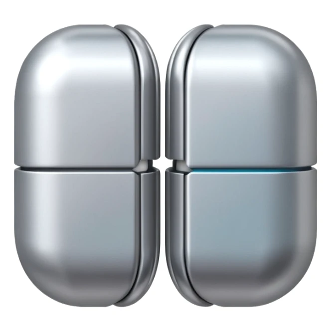 capsule pill emoji, metallic silver halves, smooth glossy finish, futuristic pharmaceutical 3D icon, isolated on white sticker