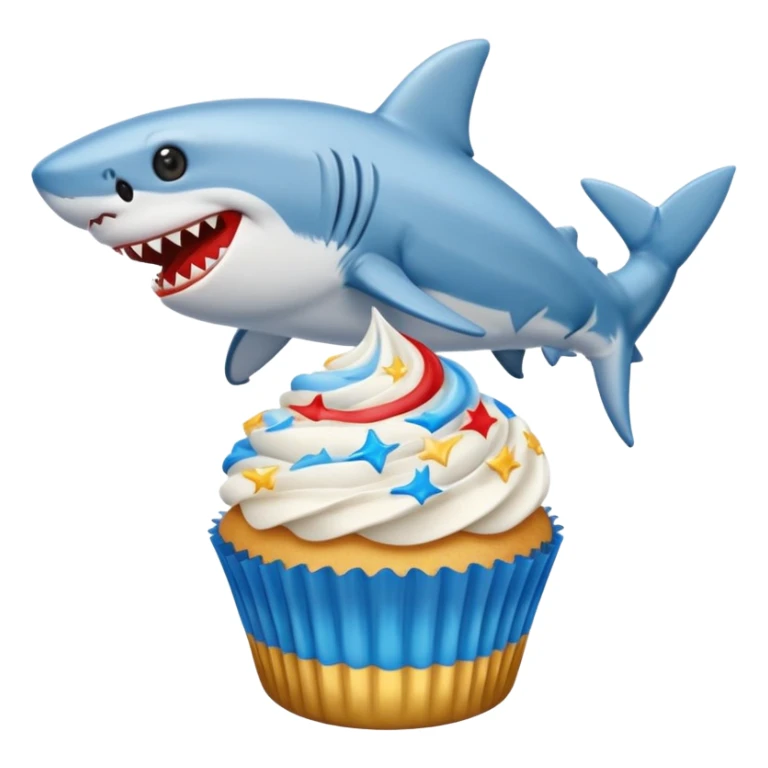 Cupcake  with a  dog  and friendly shark with gloden and silver and blue and red icing  sticker
