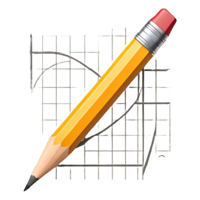 A pencil is placed over a sheet of paper grid, representing the sketching phase of a logo sticker